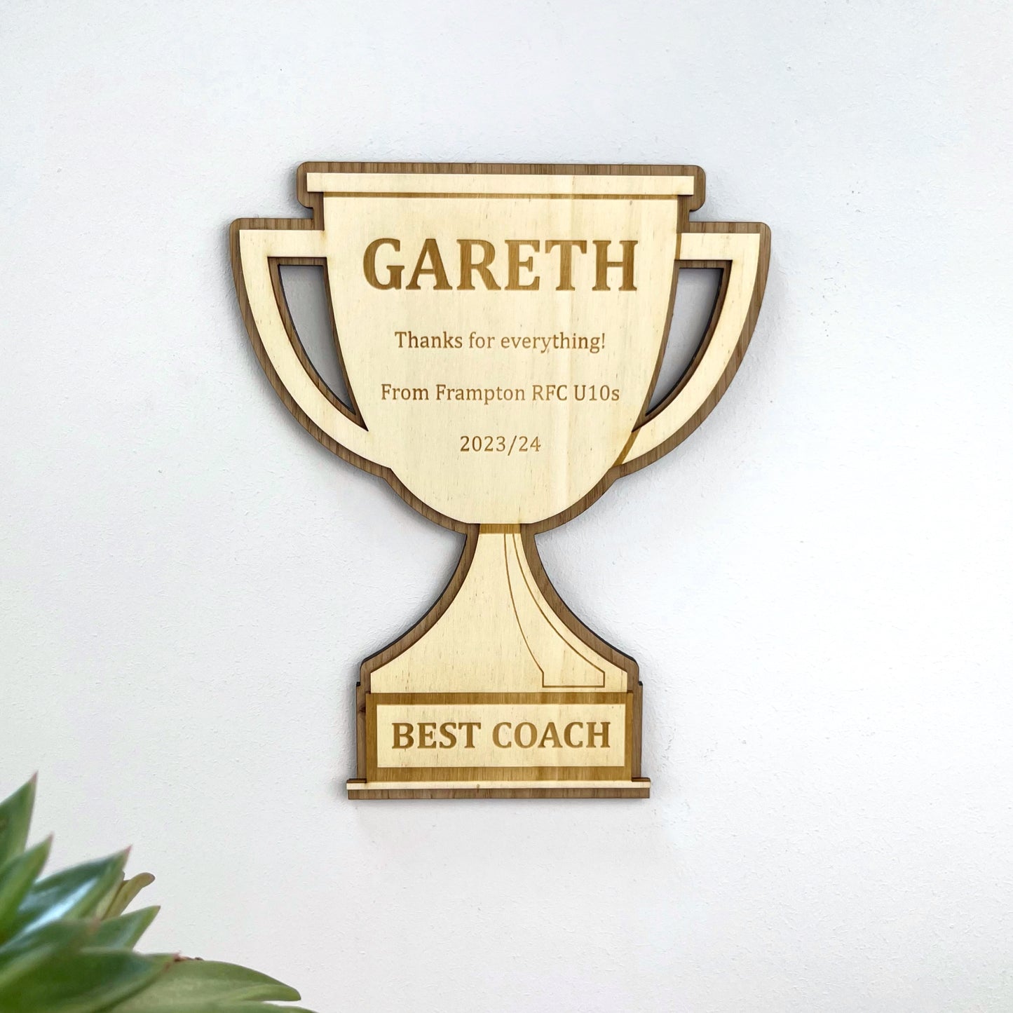 Sports Coach Thank You Trophy, Personalised Wooden Engraved Trophy Plaque