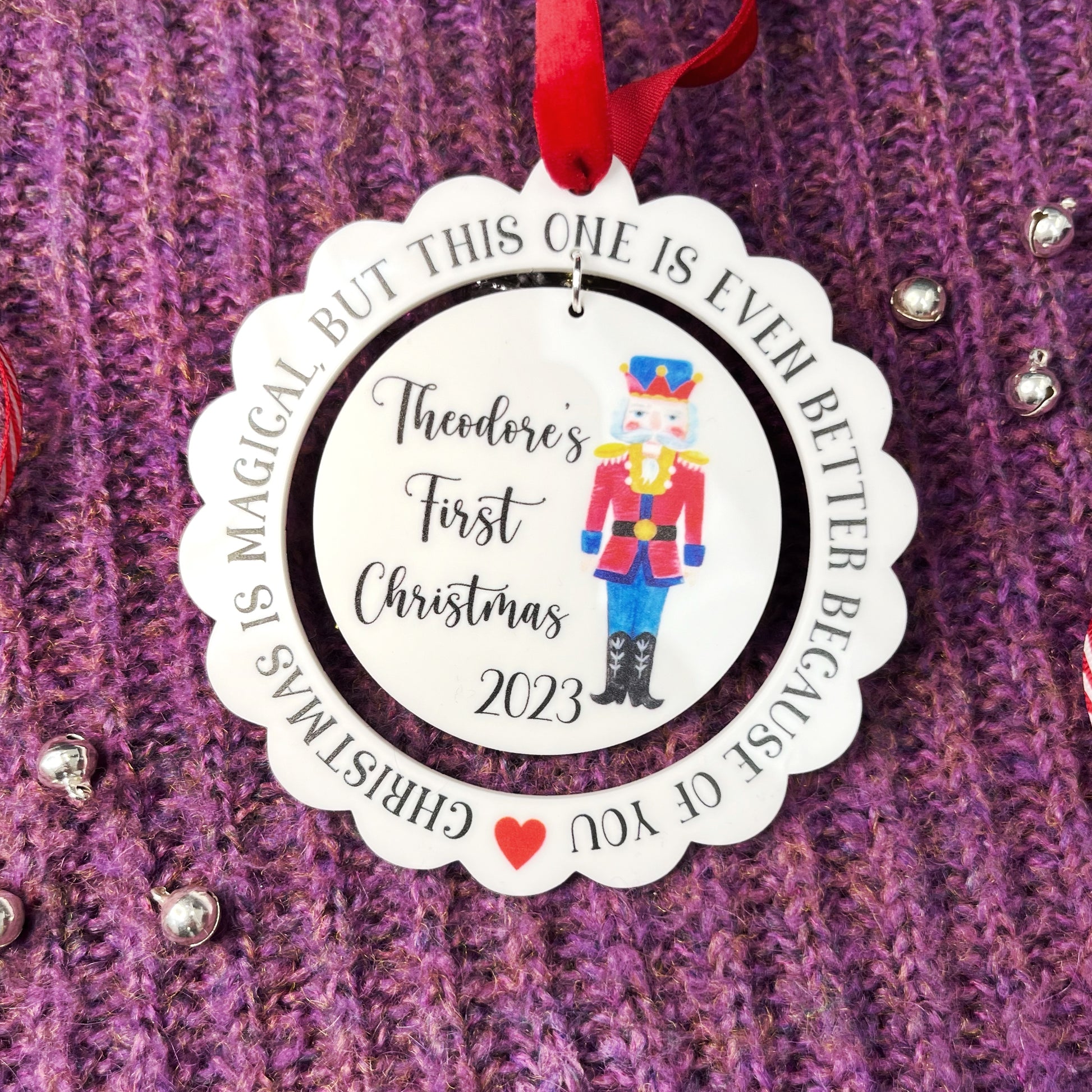 Baby's first christmas nutcracker decoration, personalised with a childs name and the year they were born. Christmas 2023 decoration.