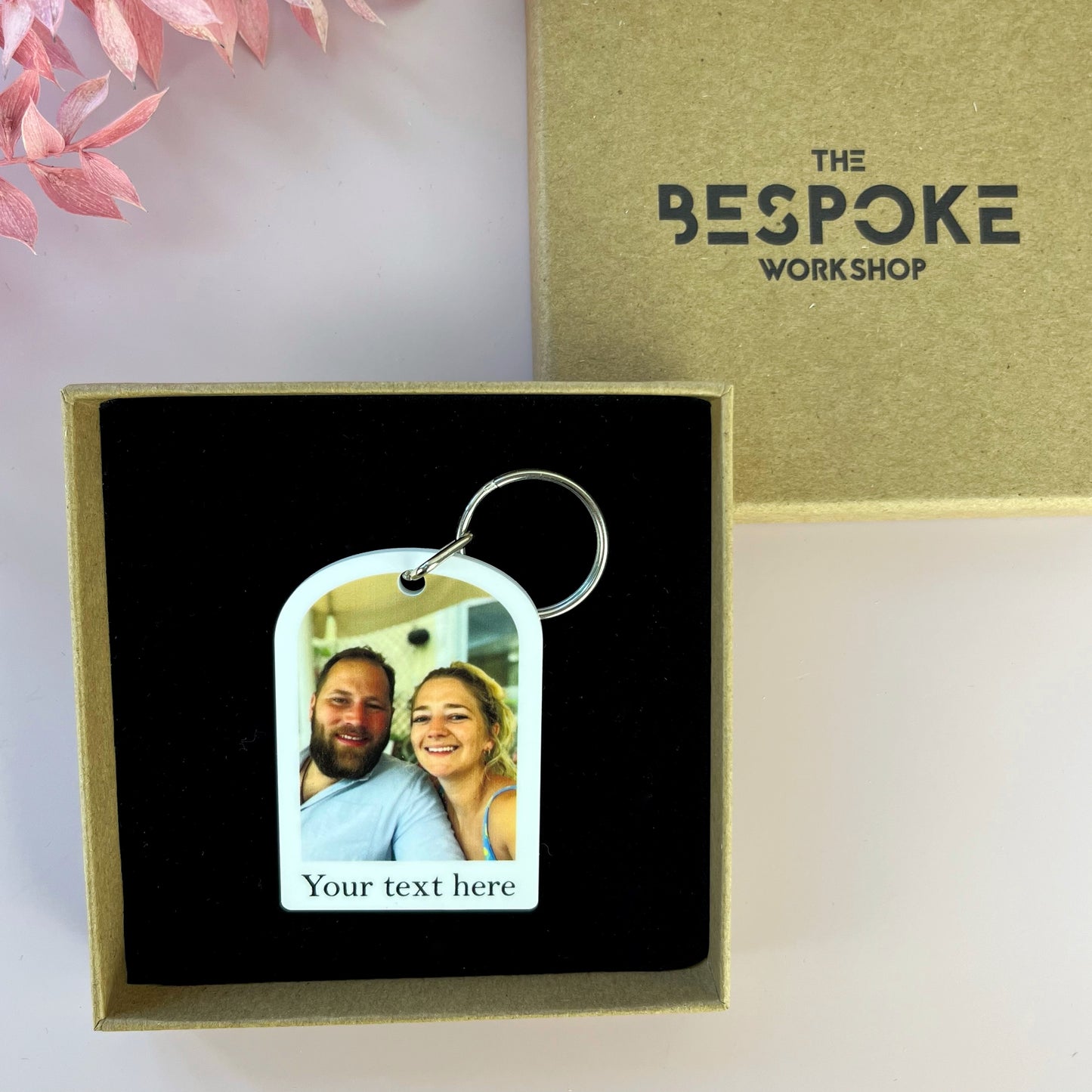 Arched custom photo keyring with personalised text