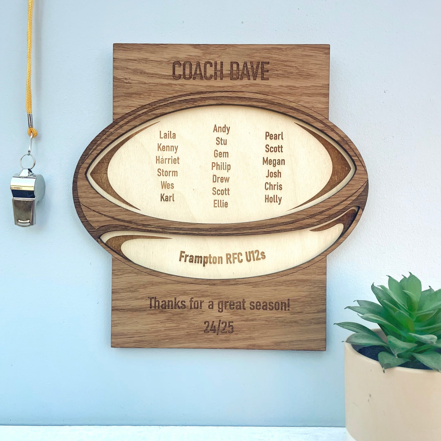 Rugby Coach Thank You Gift, Personalised Wooden Engraved Plaque