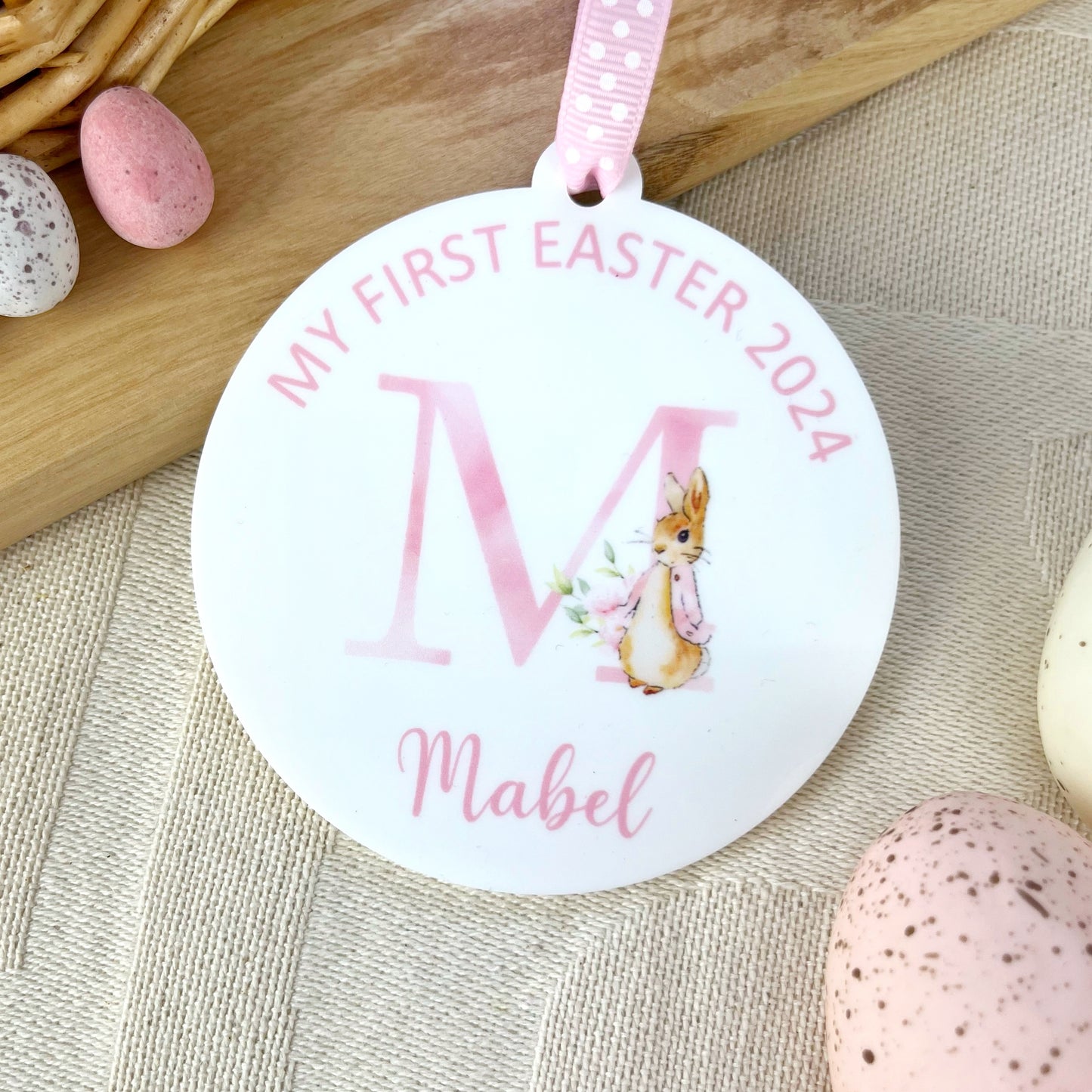 Baby's 'My First Easter' Keepsake Decoration with Personalised name and wording, illustrated with a watercolour of Flopsy Bunny