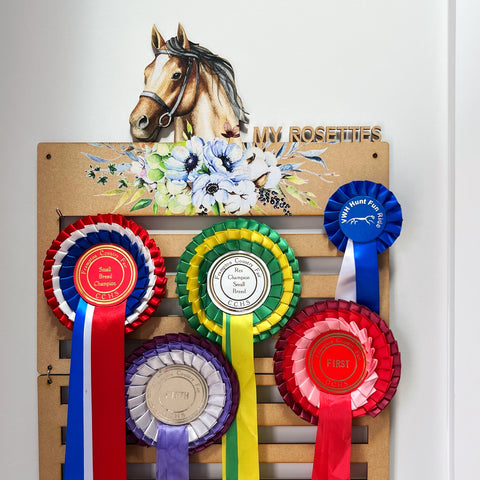 Horse Rosette Display Holder, Extra long display, UV printed horse with floral detail. The Bespoke Workshop