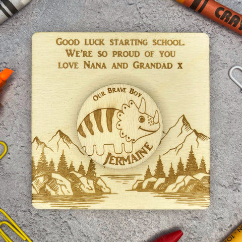Pocket token gift in a dinosaur design, personalised with wording for the first day of school