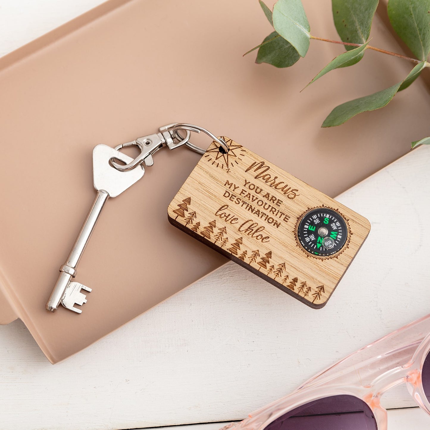 Wooden Personalised Keyring with Compass