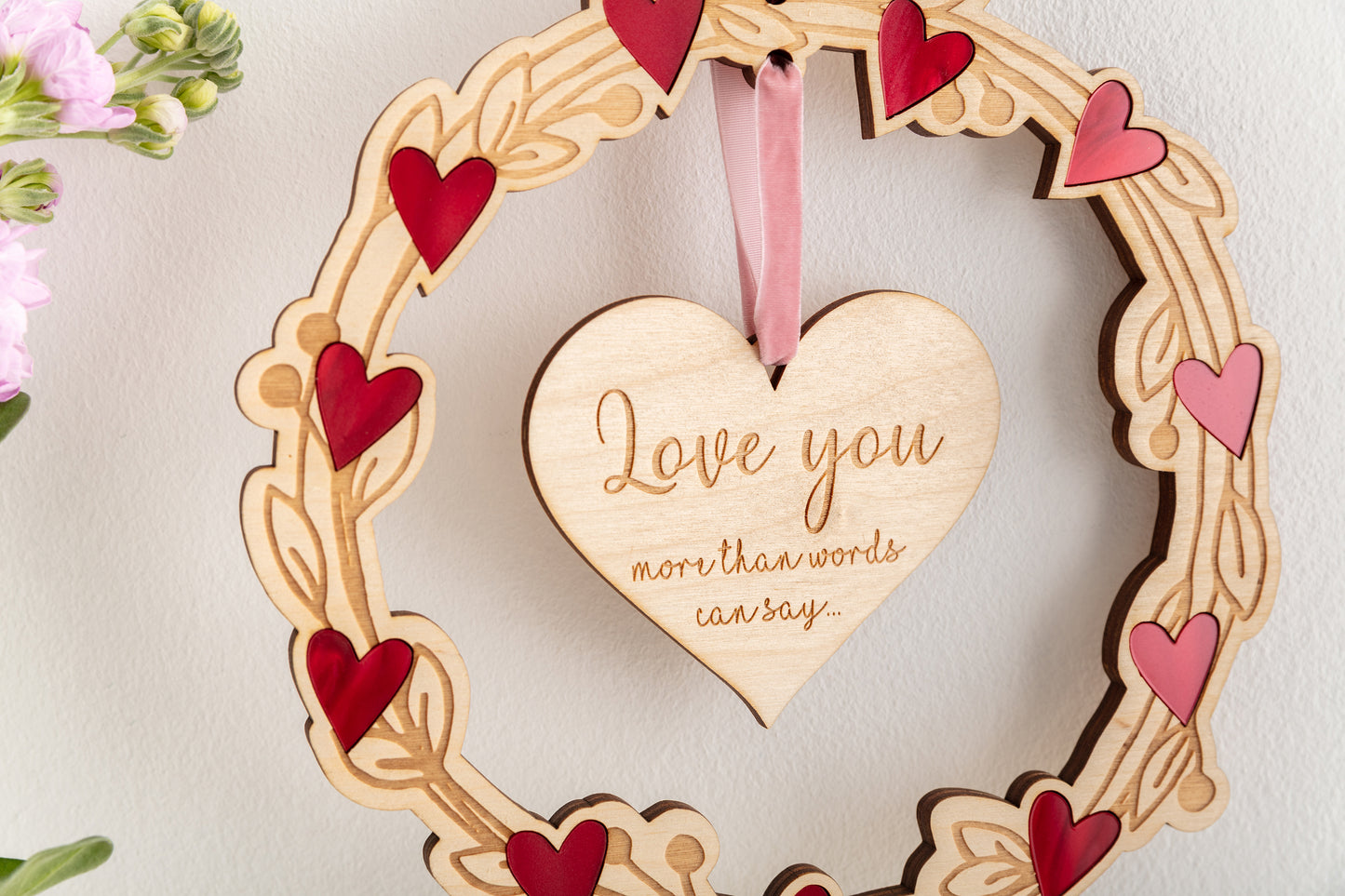 Wooden Personalised Laurel Wreath with Red Hearts - Valentines Hanging Wall Plaque