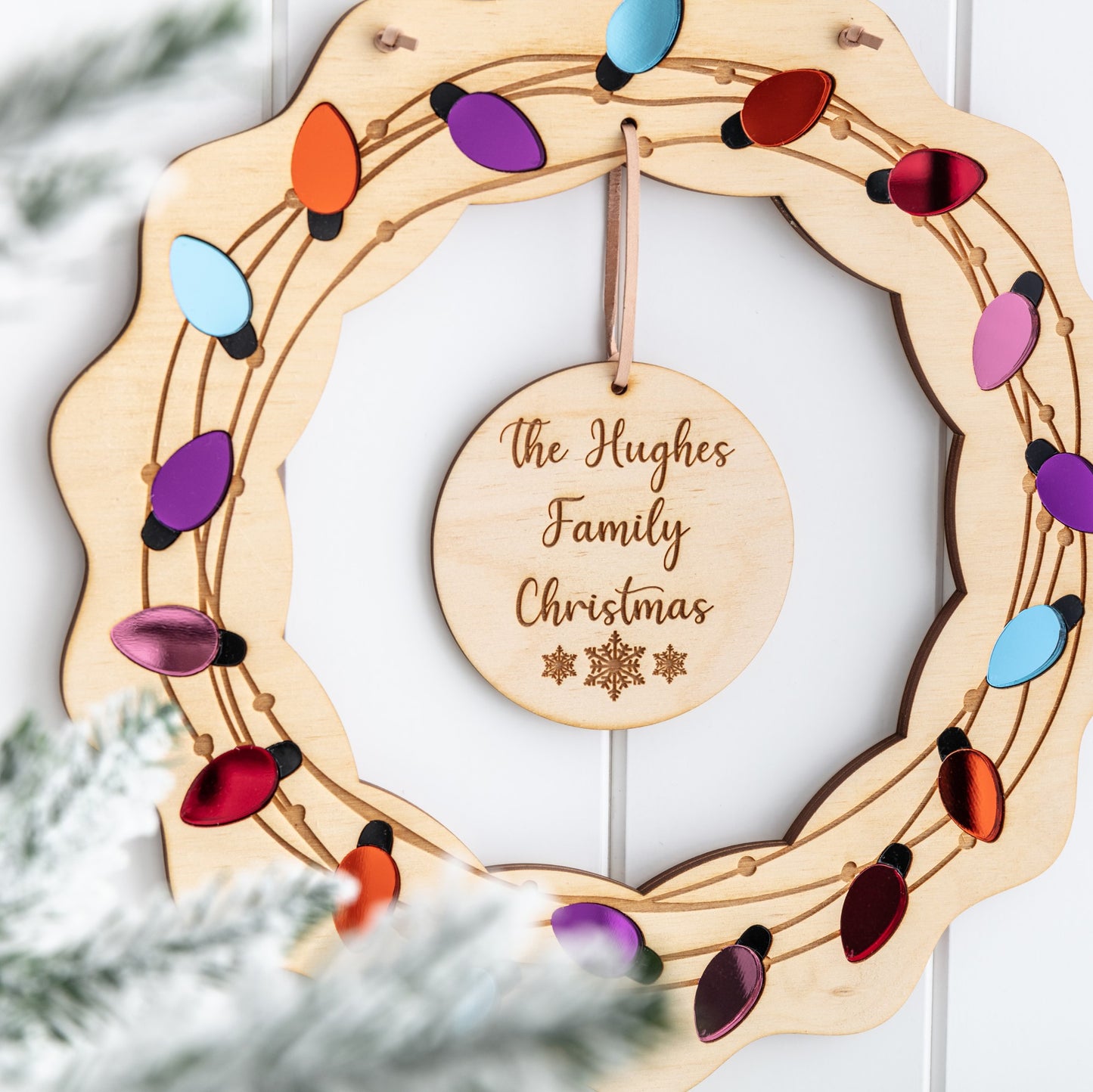 Personalised Wooden Christmas Wreath - Fairy Light Design