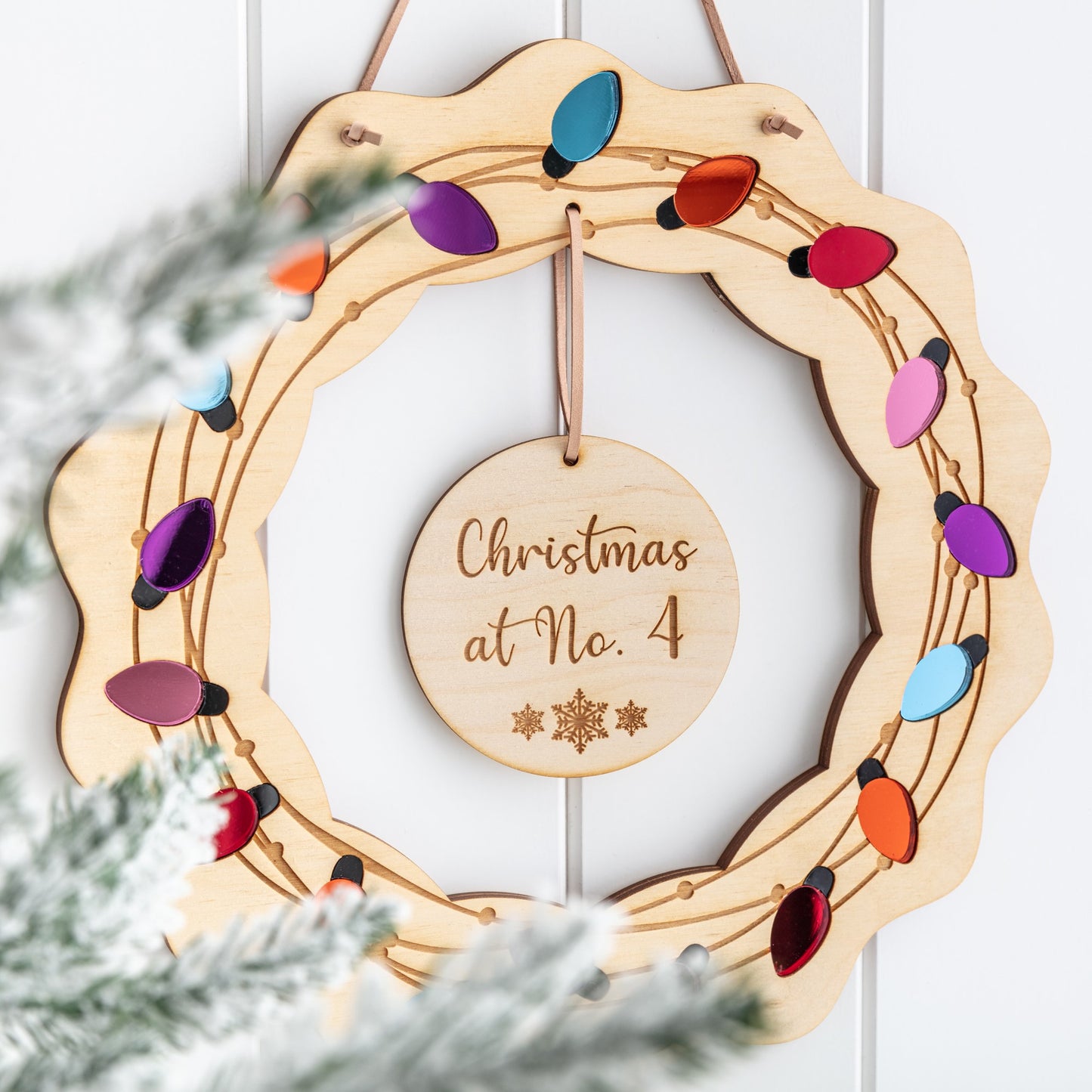 Personalised Wooden Christmas Wreath - Fairy Light Design