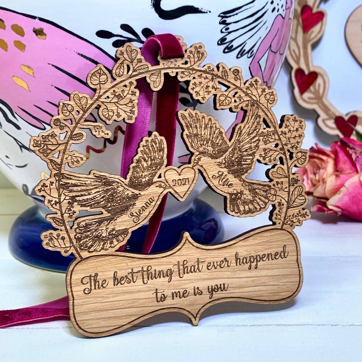 Personalised Love Birds - Wooden Hanging Decoration