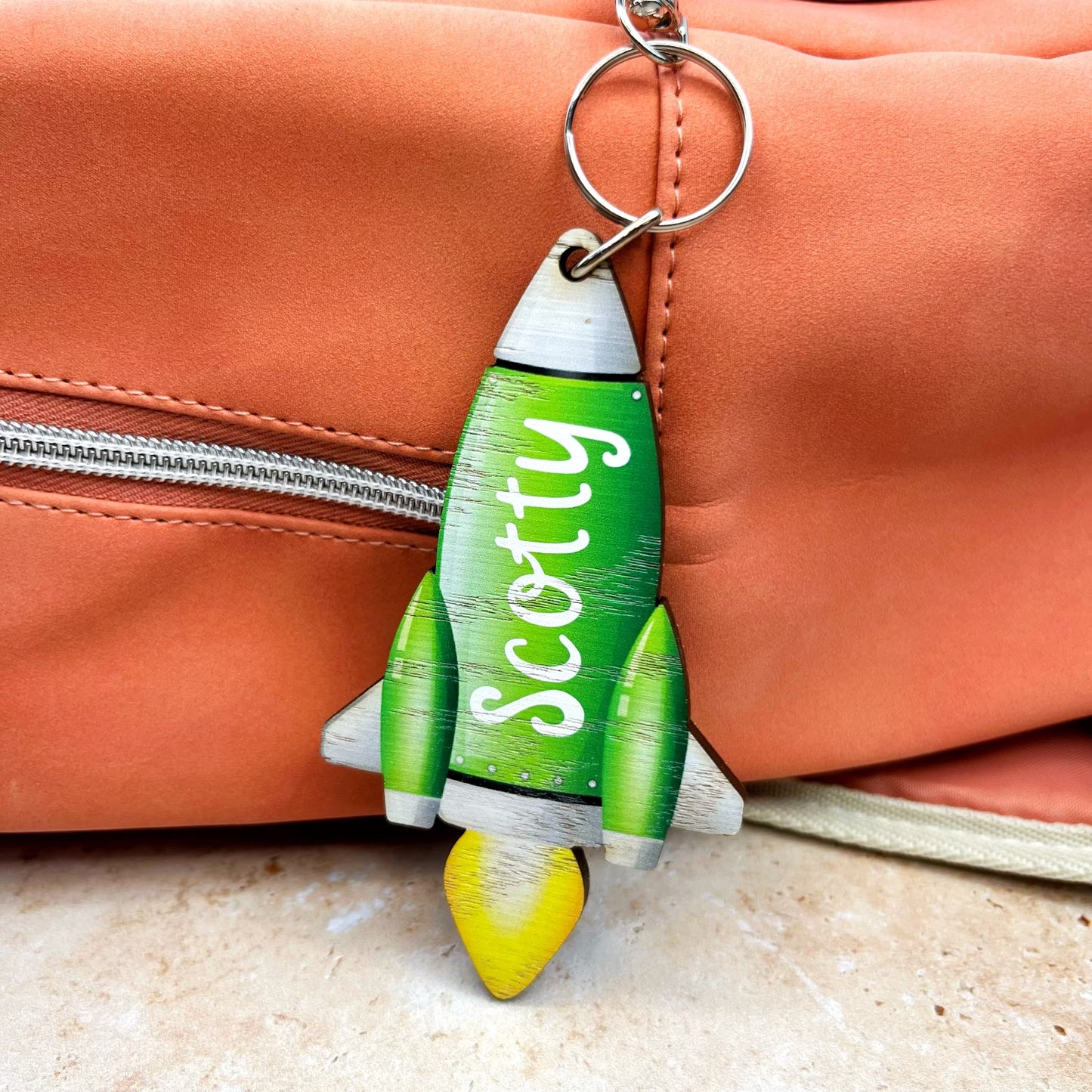 Personalised Wooden Kids School Bag Keyring - Rocket Design