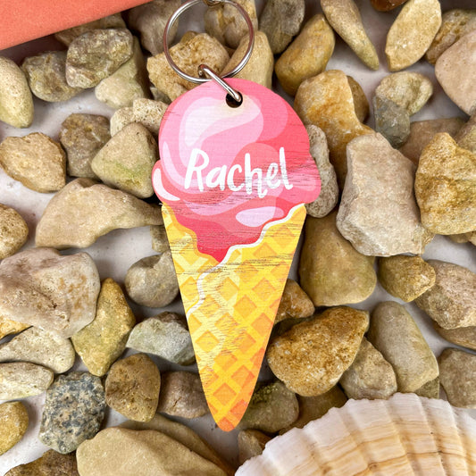 Personalised Wooden Kids School Bag Keyring - Ice Cream Design