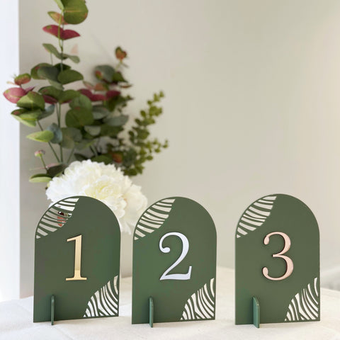 Arched mirrored table numbers for weddings. Laser cut by The Bespoke Workshop