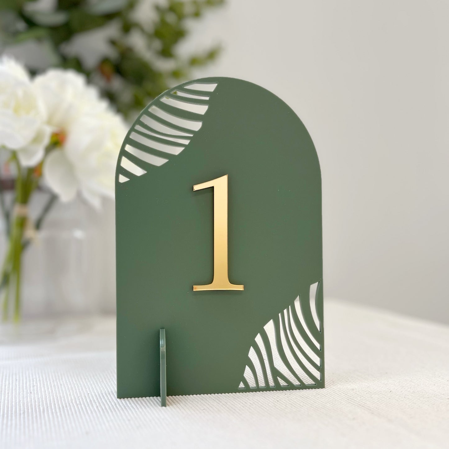 Arched mirrored acrylic table numbers for weddings, laser cut by The Bespoke Workshop