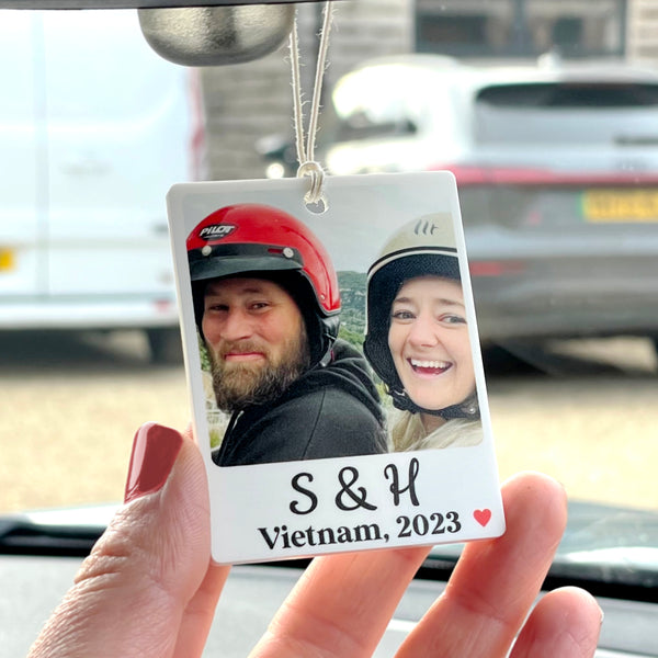 Personalised Photo Car Ornament, Hanging Polaroid Photograph with Text