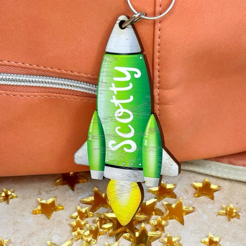 Personalised Wooden Kids School Bag Keyring - Rocket Design