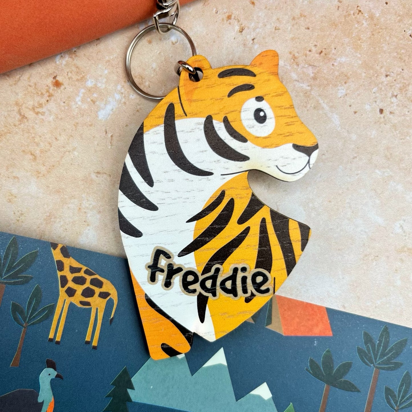 Personalised Wooden Kids School Bag Keyring - Tiger Design