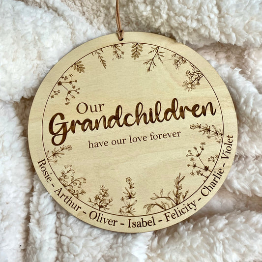 'Grandchildren' Engraved Wooden Floral Plaque