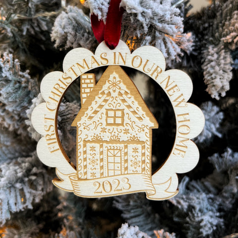 Laser engraved gingerbread house new home Christmas tree decoration. Designed and made by The Bespoke Workshop