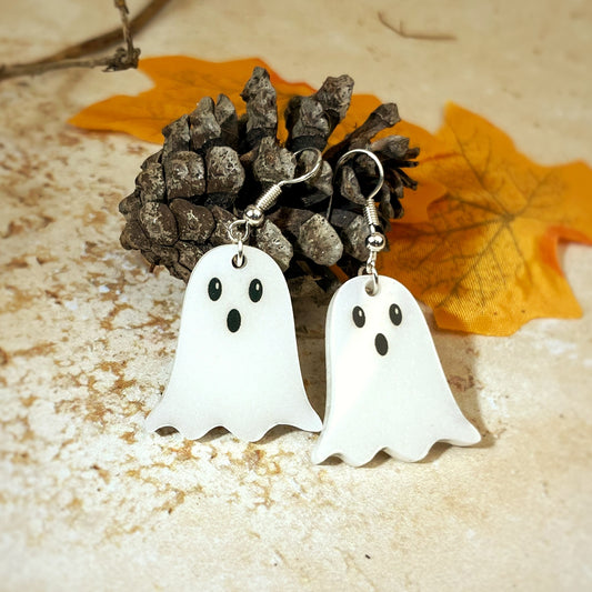 Laser engraved Halloween ghost earrings. Handmade by The Bespoke Workshop