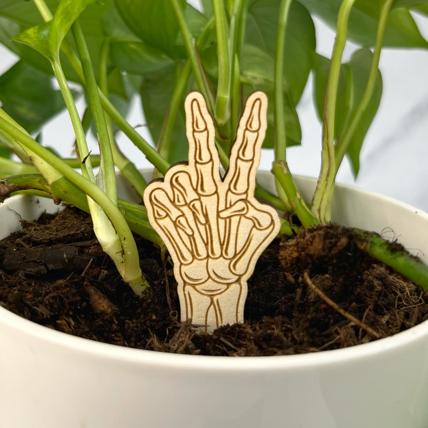 Cute but spooky wooden Halloween plant pot stakes. Designed and laser engraved by The Bespoke Workshop