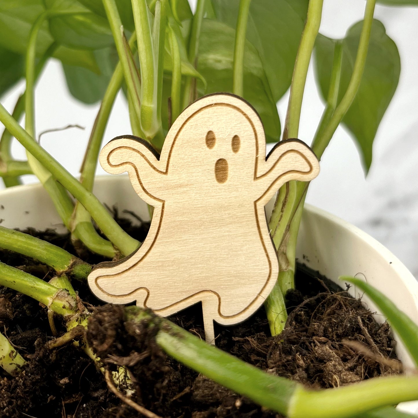 Spooky wooden Halloween plant pot decorations. Laser engraved by The Bespoke Workshop