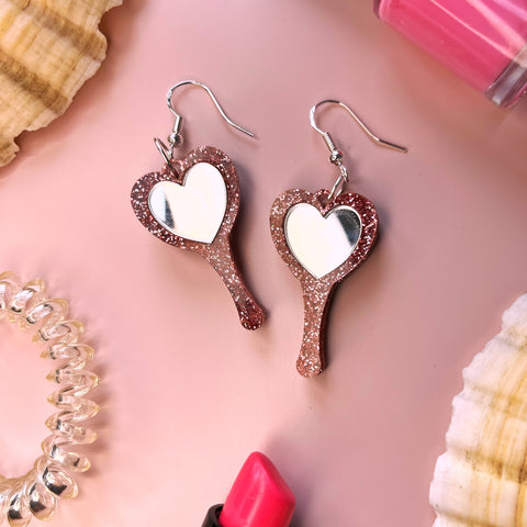 Handmade Pink Glitter Miniature Hand-mirror Earrings
