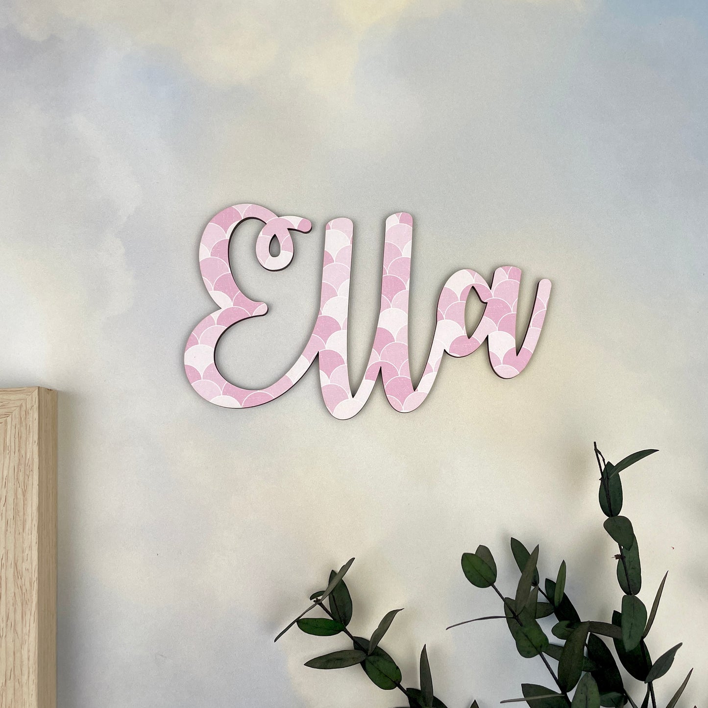 Personalised Printed Name Sign - Pink Mermaid Scale Pattern