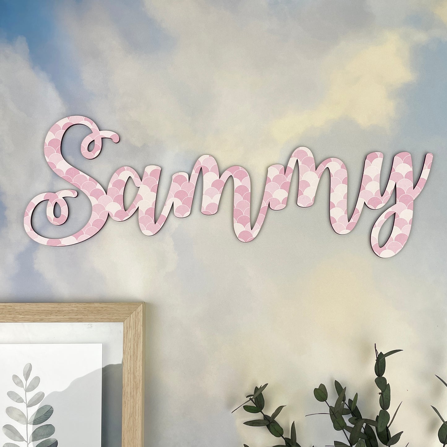 Personalised Printed Name Sign - Pink Mermaid Scale Pattern