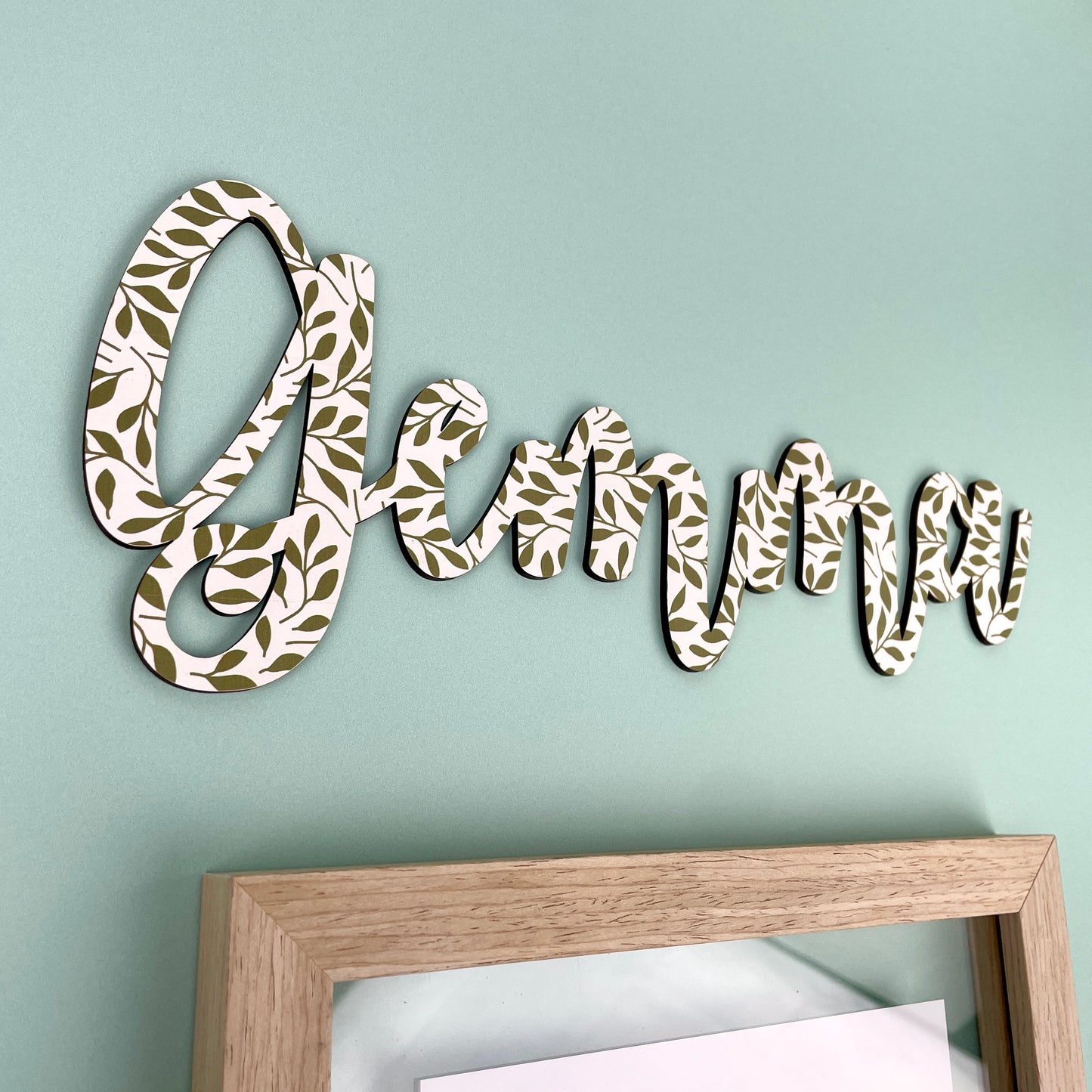 Personalised Printed Name Sign - Olive Green Leaf Pattern