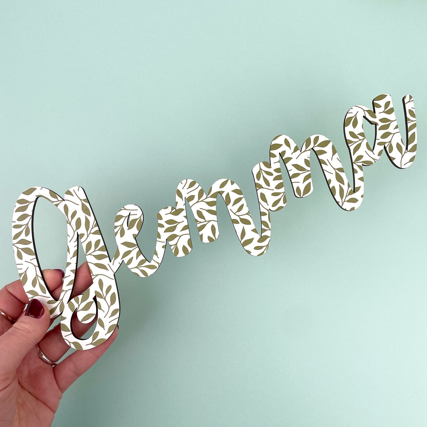 Personalised Printed Name Sign - Olive Green Leaf Pattern