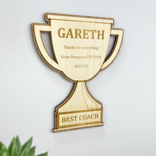 Sports Coach Thank You Trophy, Personalised Wooden Engraved Trophy Plaque