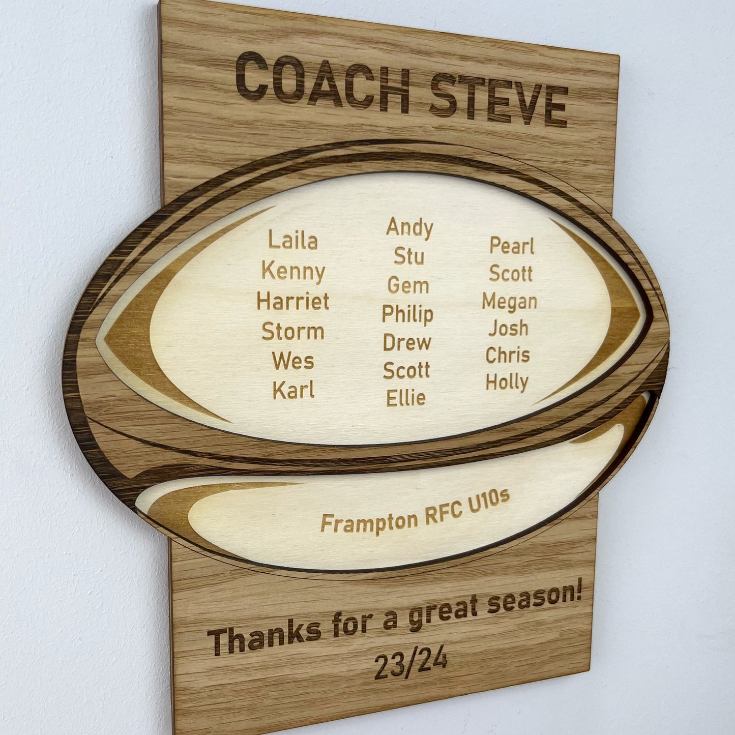 Rugby Coach Thank You Gift, Personalised Wooden Engraved Plaque