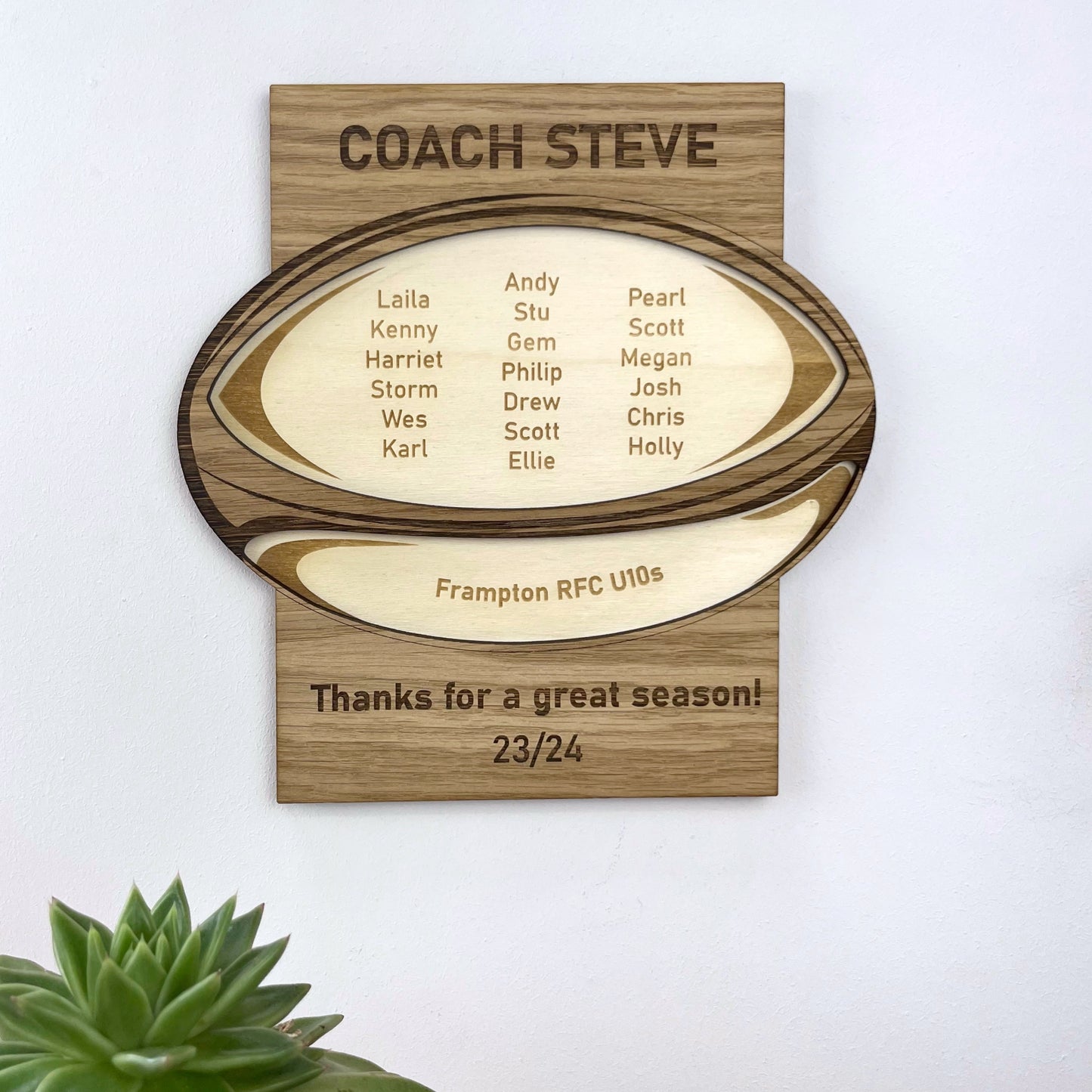 Rugby Coach Thank You Gift, Personalised Wooden Engraved Plaque