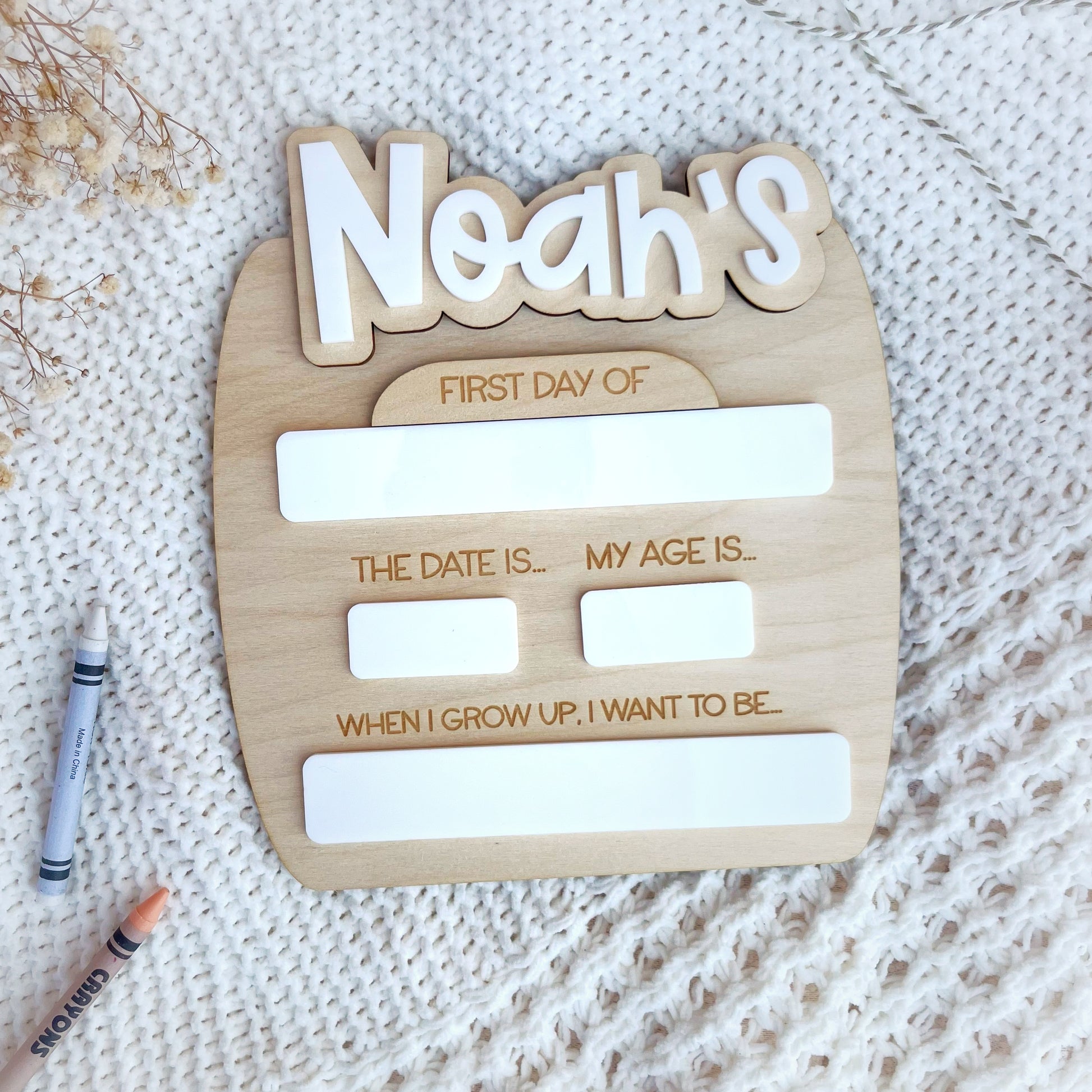 A wooden photo prop board for children to hold in photos on their first and last days of school. Re-usable and personalised with a name at the top - The Bespoke Workshop