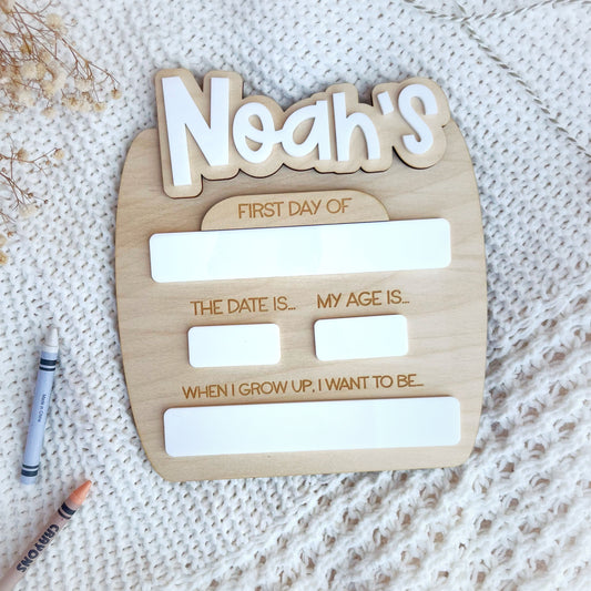 A wooden photo prop board for children to hold in photos on their first and last days of school. Re-usable and personalised with a name at the top - The Bespoke Workshop