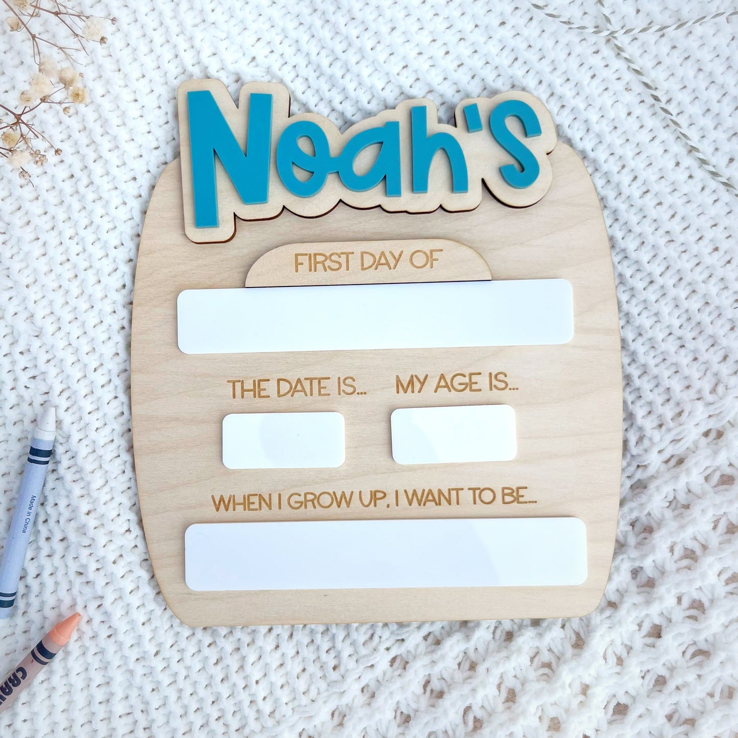 A modern photo prop board for children to hold in photos on their first and last days of school. Re-usable and personalised with a name at the top. A great accessory to use during nursery of primary school  - The Bespoke Workshop