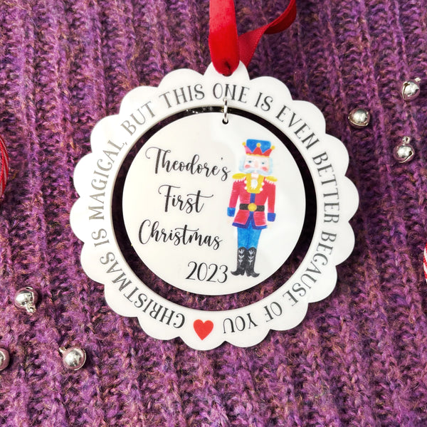 Baby's first christmas nutcracker decoration, personalised with a childs name and the year they were born. Christmas 2023 decoration. 