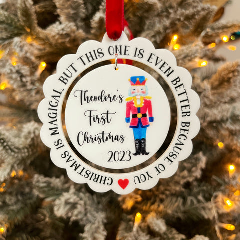 aby's first christmas nutcracker decoration, personalised with a childs name and the year they were born. Christmas 2023 decoration. The Bespoke Workshop.