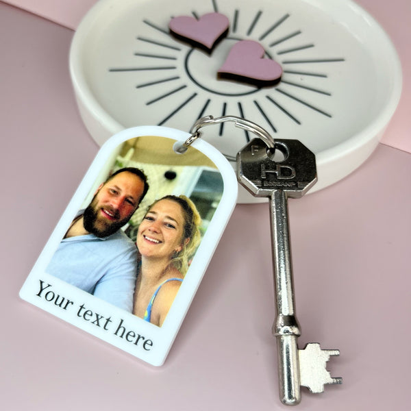 Arched custom photo keyring with personalised text