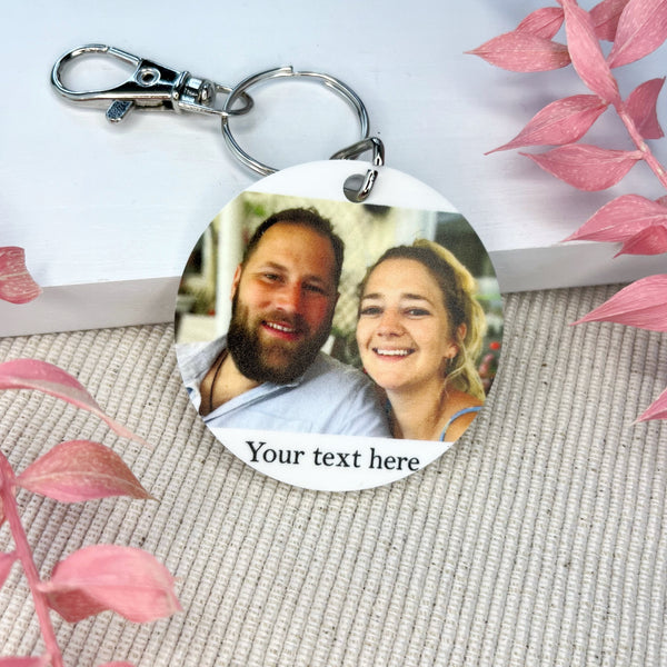 Round custom photo keyring with personalised text