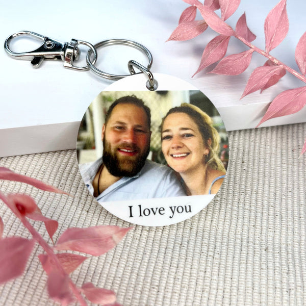 Round custom photo keyring with personalised text