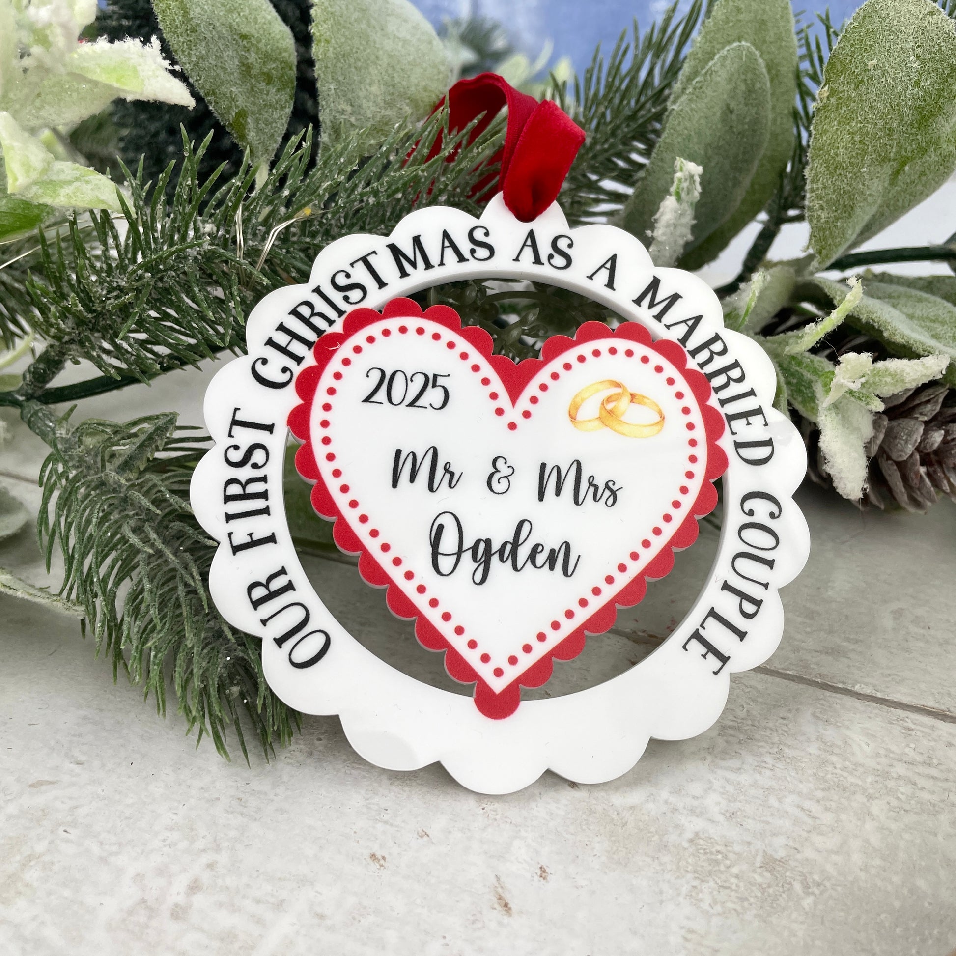 Scalloped edge white acrylic Christmas decoration 'Our first christmas as a married couple' '2025'