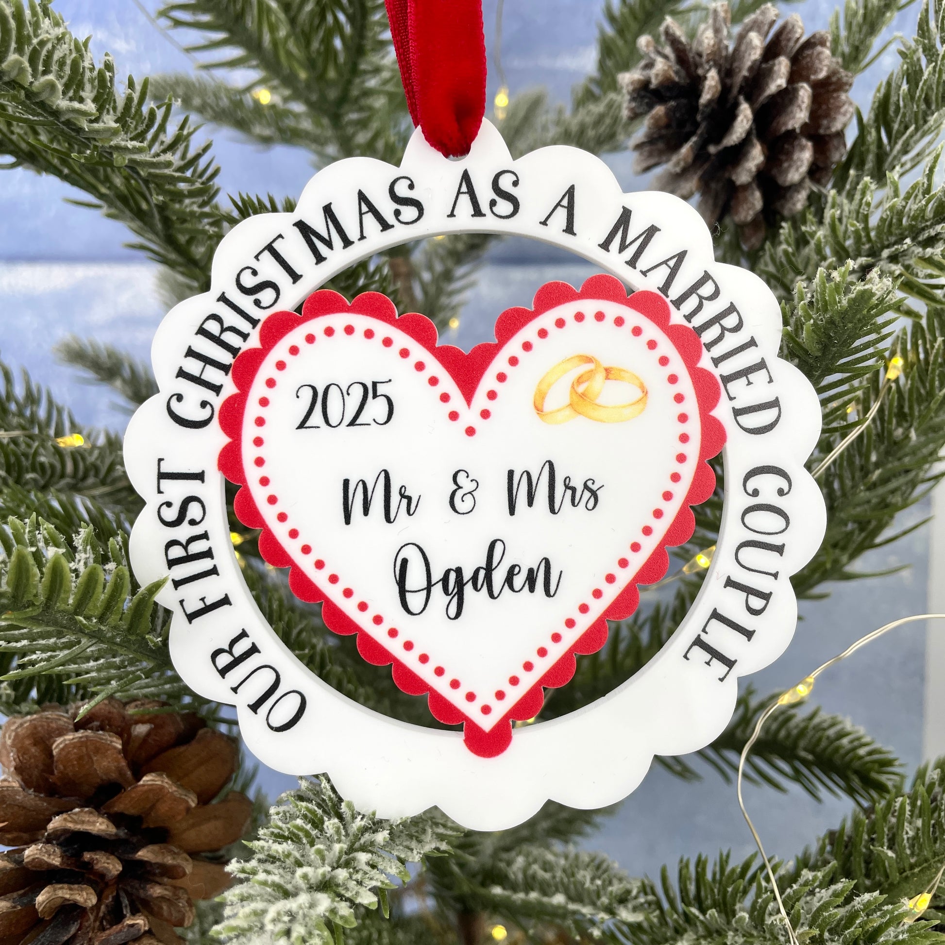 Scalloped edge white acrylic Christmas decoration 'Our first christmas as a married couple' '2025'