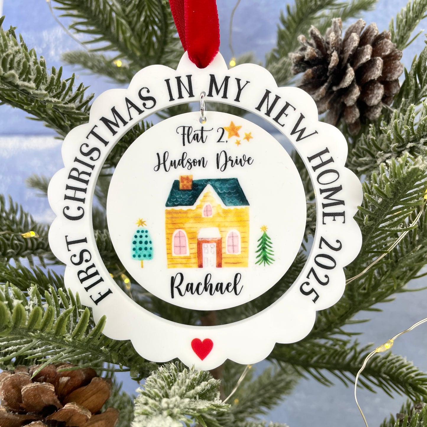Scalloped edge white acrylic Christmas decoration 'First christmas in my new home 2025'