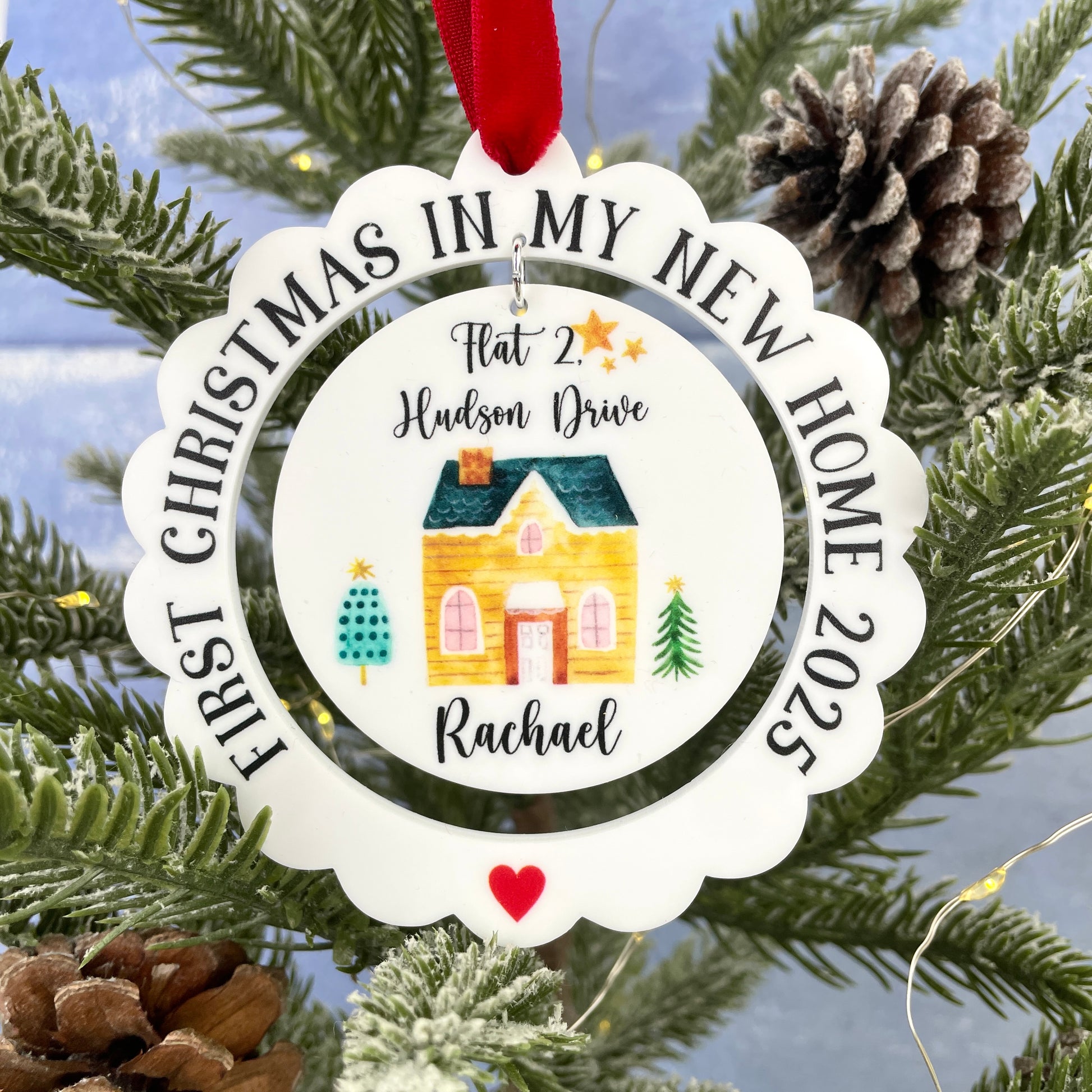 Scalloped edge white acrylic Christmas decoration 'First christmas in my new home 2025'