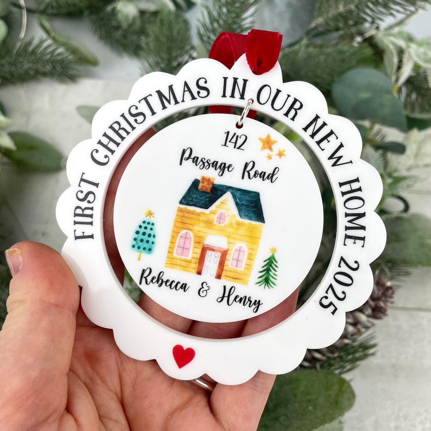 Scalloped edge white acrylic Christmas decoration 'First christmas in my new home 2025'