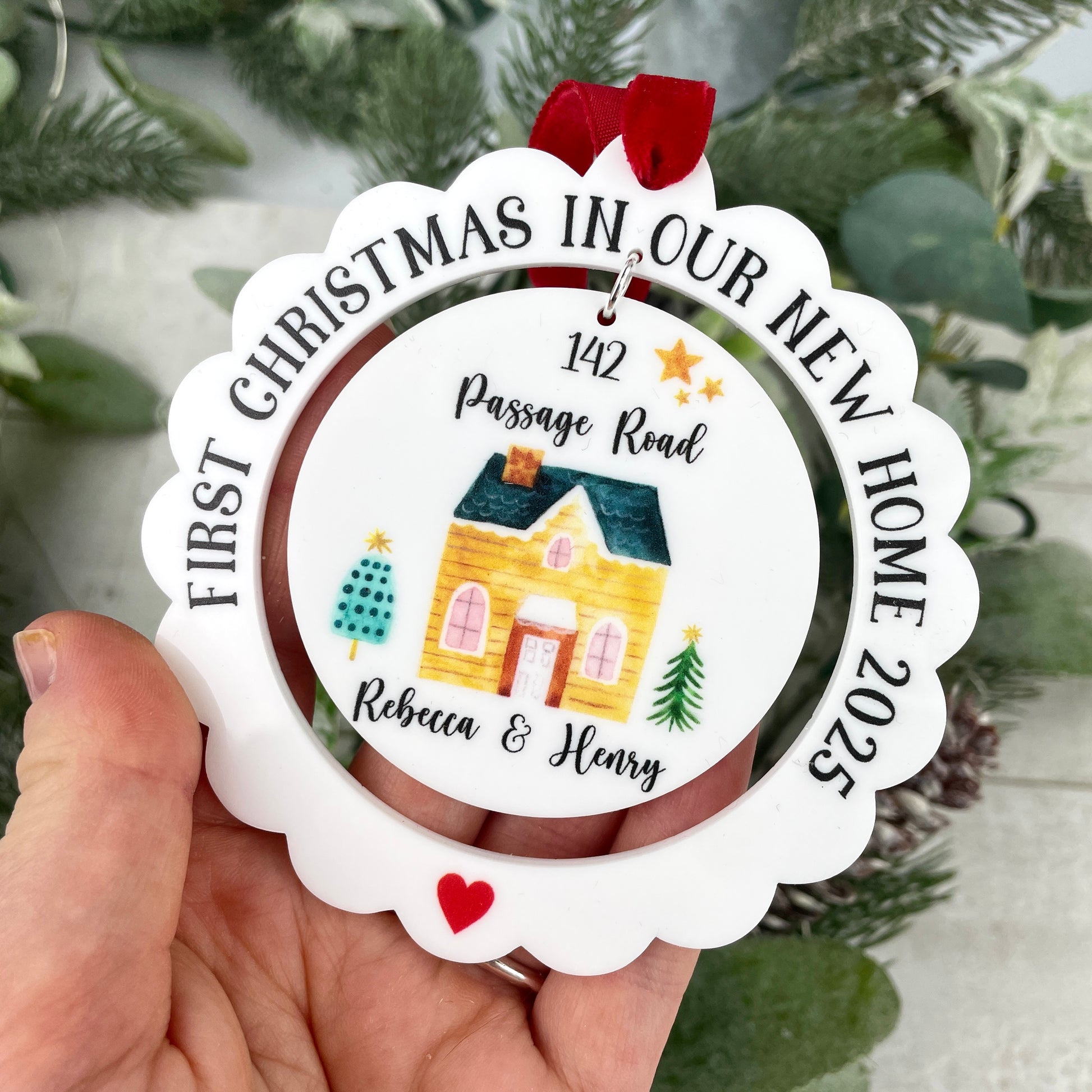 Scalloped edge white acrylic Christmas decoration 'First christmas in my new home 2025'