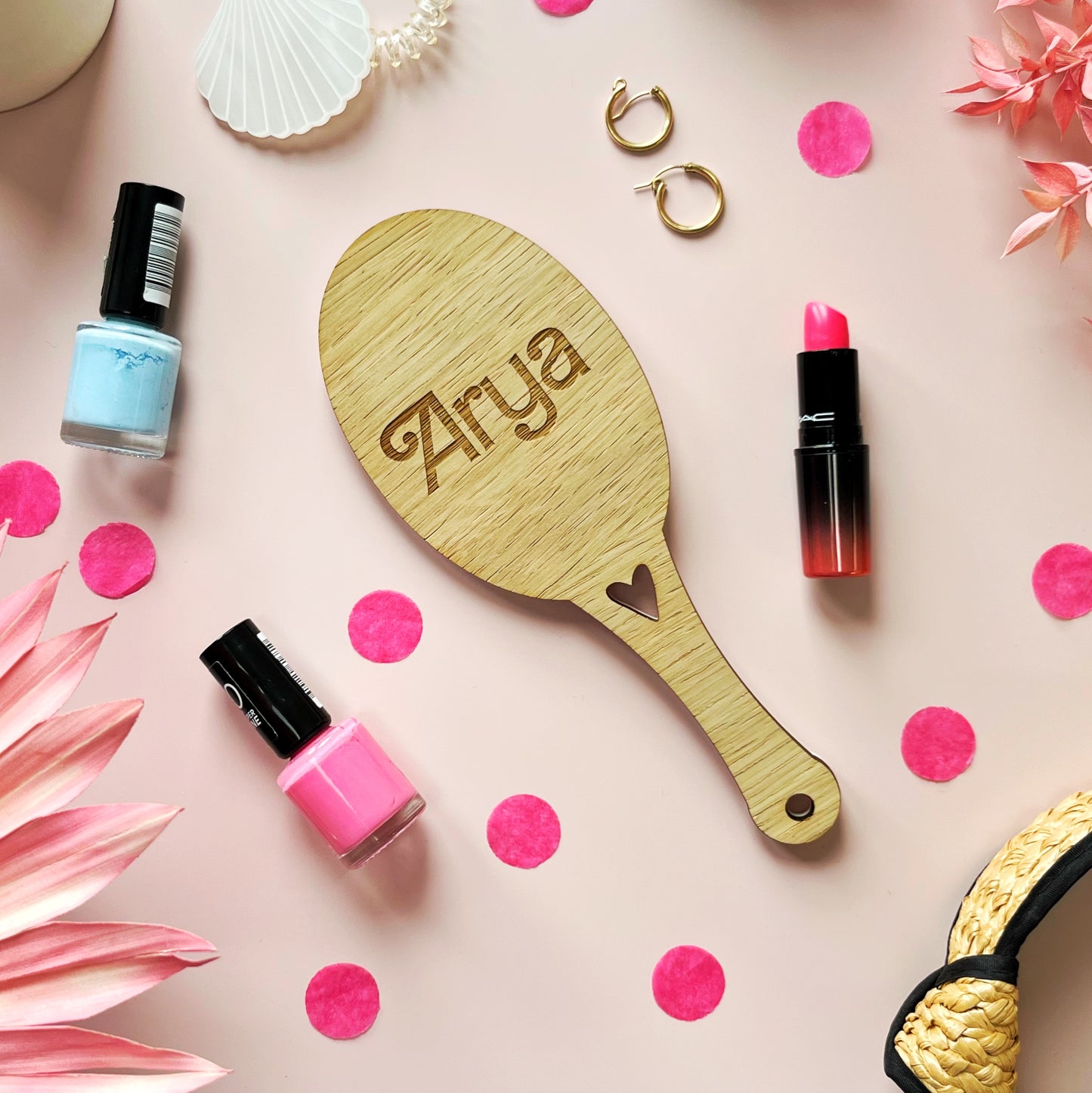 Pink Gingham Hand Mirror, with Engraved Personalised Name on reverse