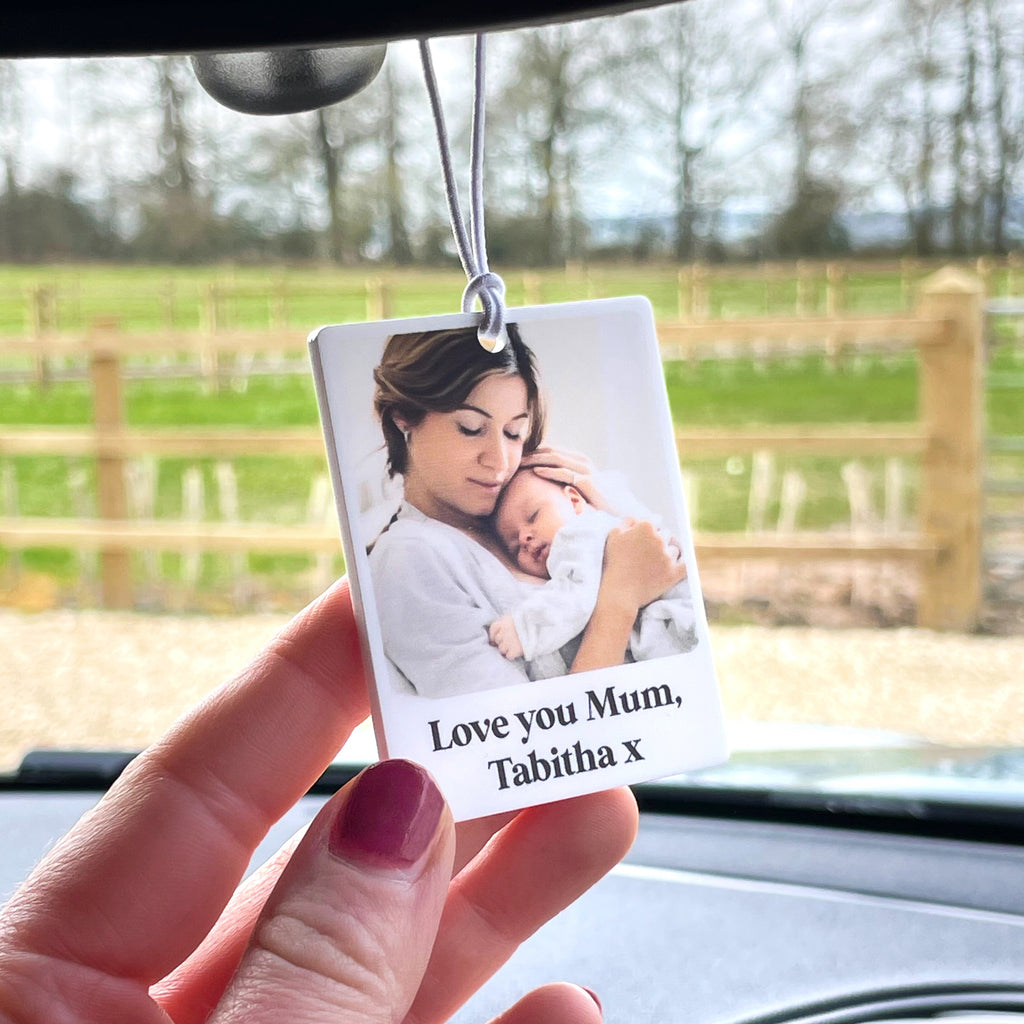 Personalised Photo Car Ornament, Hanging Polaroid Photograph with Text