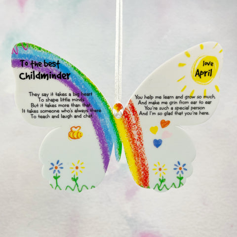 Butterfly shaped personalised thank you gift to give to Childminder from Child. 