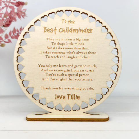 Round wooden plaque engraved with a quote and persoanlised names. The freestanding ornament is lovely thank you gift for a Childminder or kids Nursery.  - The Bespoke Workshop